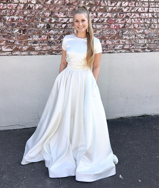 Simple white long prom dress, white satin long evening dress - shdress