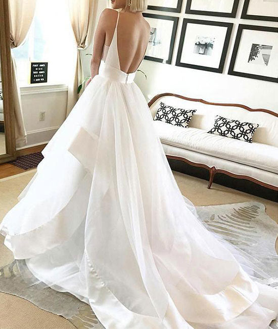 White tulle v neck long prom dress, white tulle evening dress - shdress