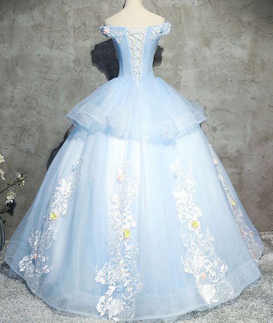 Blue tulle lace applique long prom gown, blue evening dress - shdress
