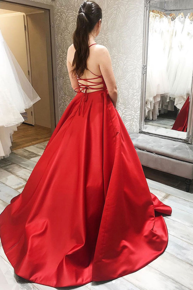 
                  
                    Simple red satin long prom dress red backless evening dress
                  
                