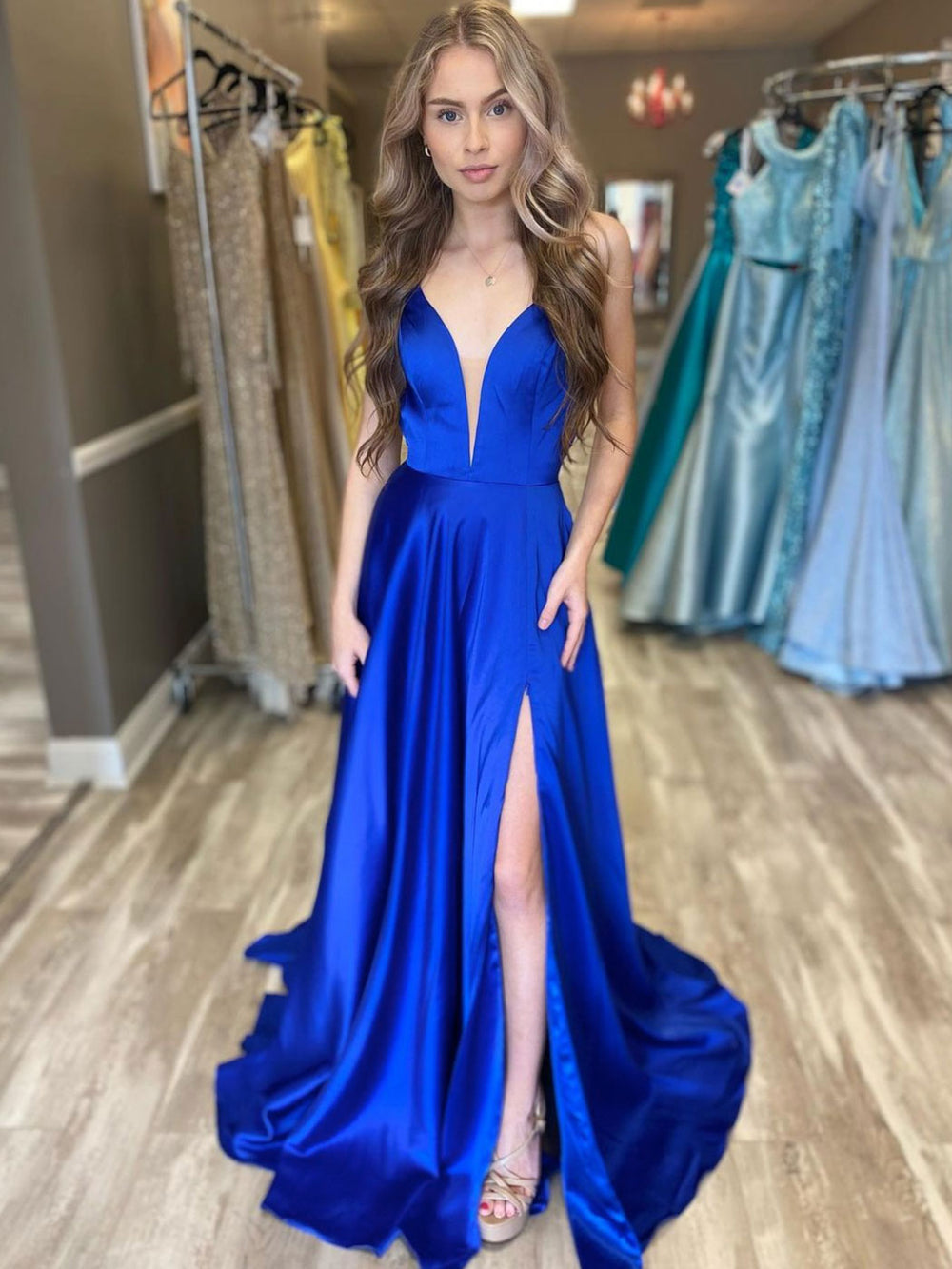 Simple blue v neck satin long prom dress, blue satin evening dress