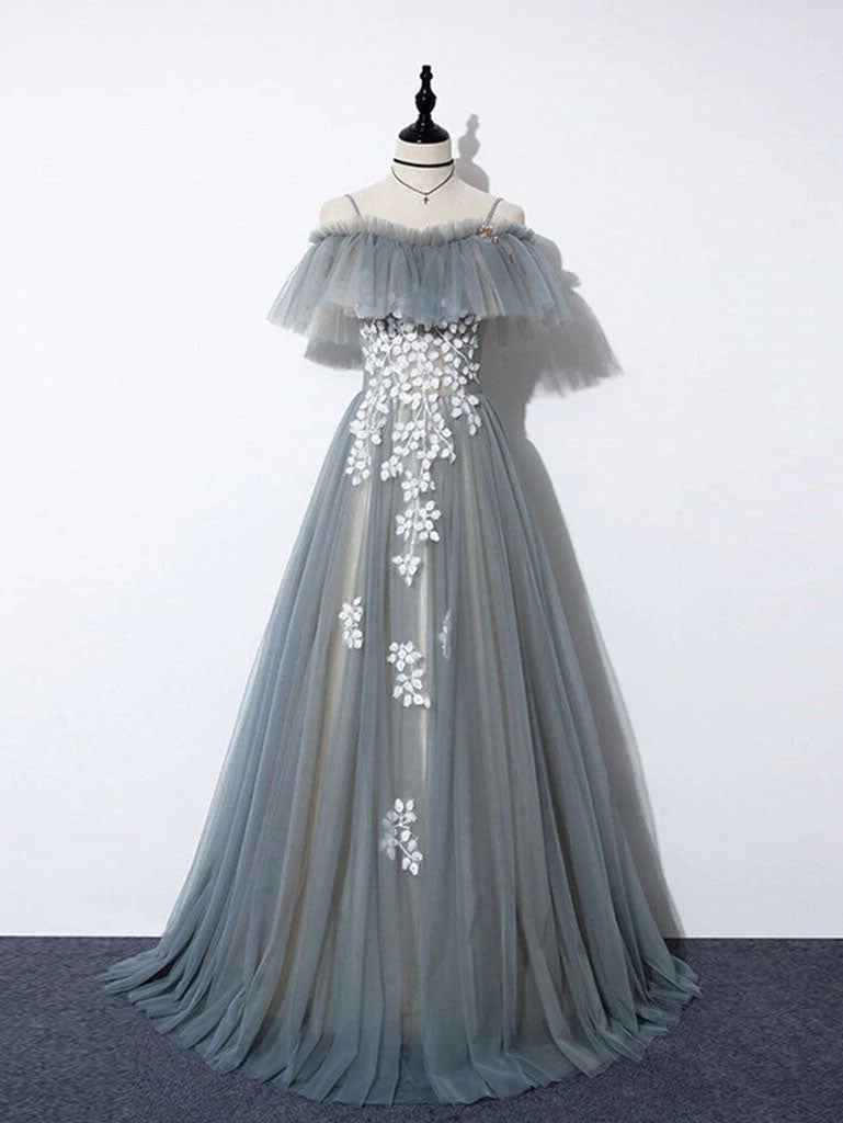Gray blue tulle lace long prom dress, A line tulle long evening dress
