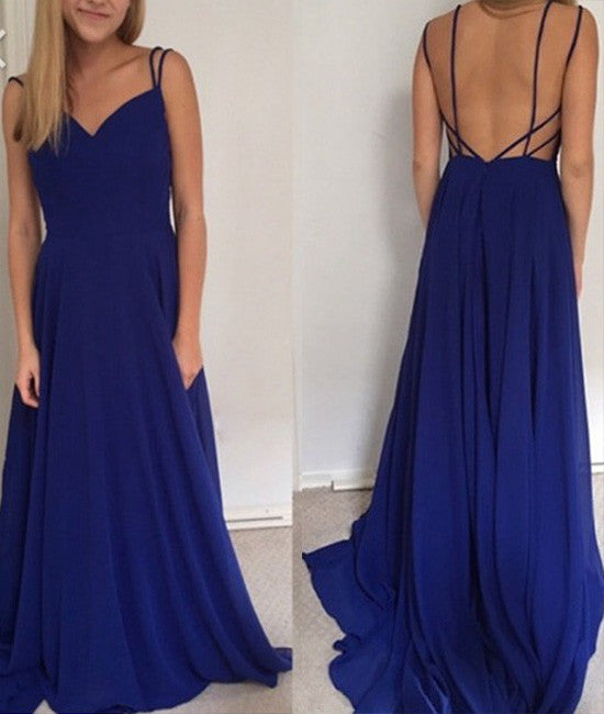 Simple Royal Blue long prom dress, backless evening dress - shdress