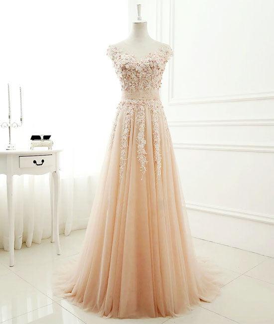 A-line round neck tulle lace long prom dress, evening dress - shdress