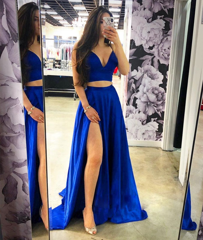 Simple blue two pieces long prom dress, blue evening dress shdress Simple blue two pieces long prom dress, blue evening dress shdress
