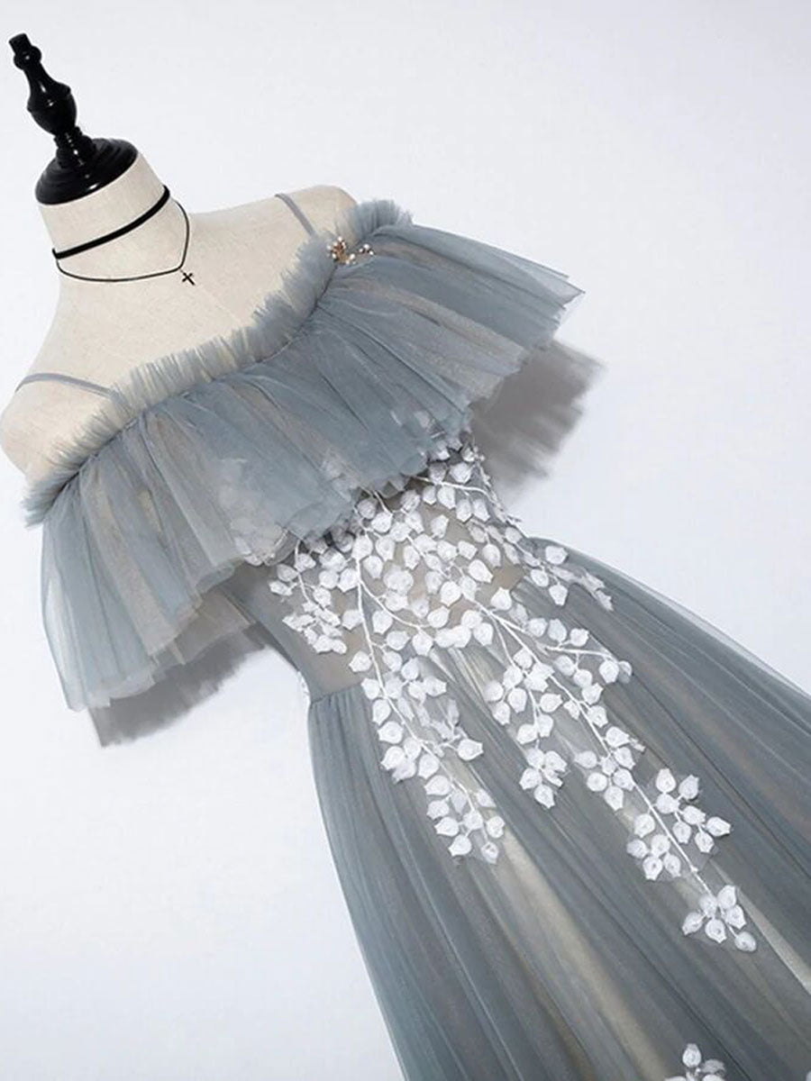 Gray blue tulle lace long prom dress, A line tulle long evening dress shdress Gray blue tulle lace long prom dress, A line tulle long evening dress shdress
