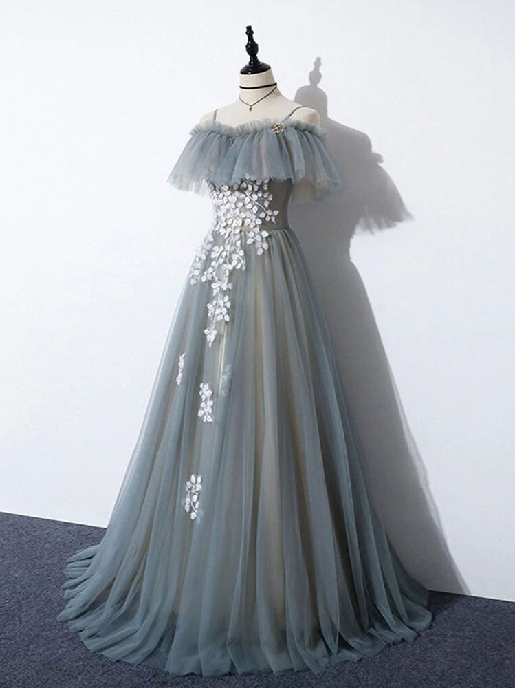Gray blue tulle lace long prom dress, A line tulle long evening dress shdress Gray blue tulle lace long prom dress, A line tulle long evening dress shdress