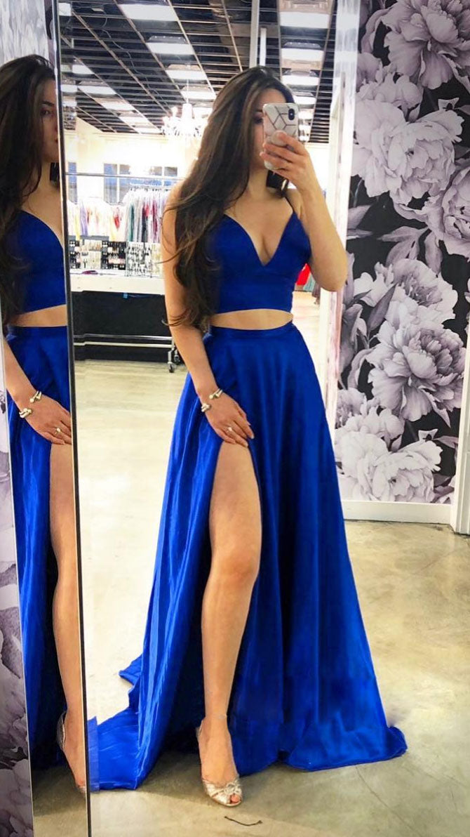 simple blue prom dresses Shiny Blue Tulle A-line V-neck Long Formal Dresses, Simple Prom Dresses, MP798