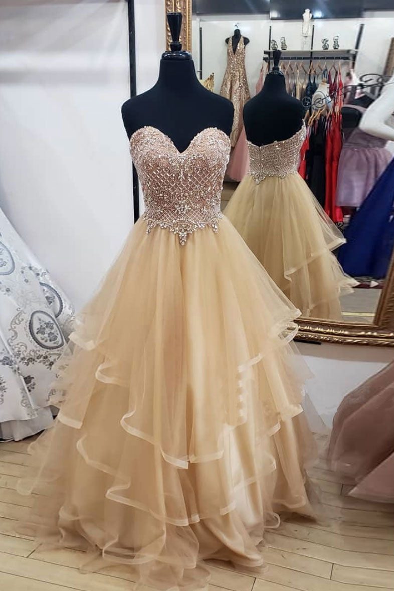 Champagne tulle sweetheart long prom dress, champagne evening dress shdress Champagne tulle sweetheart long prom dress, champagne evening dress shdress