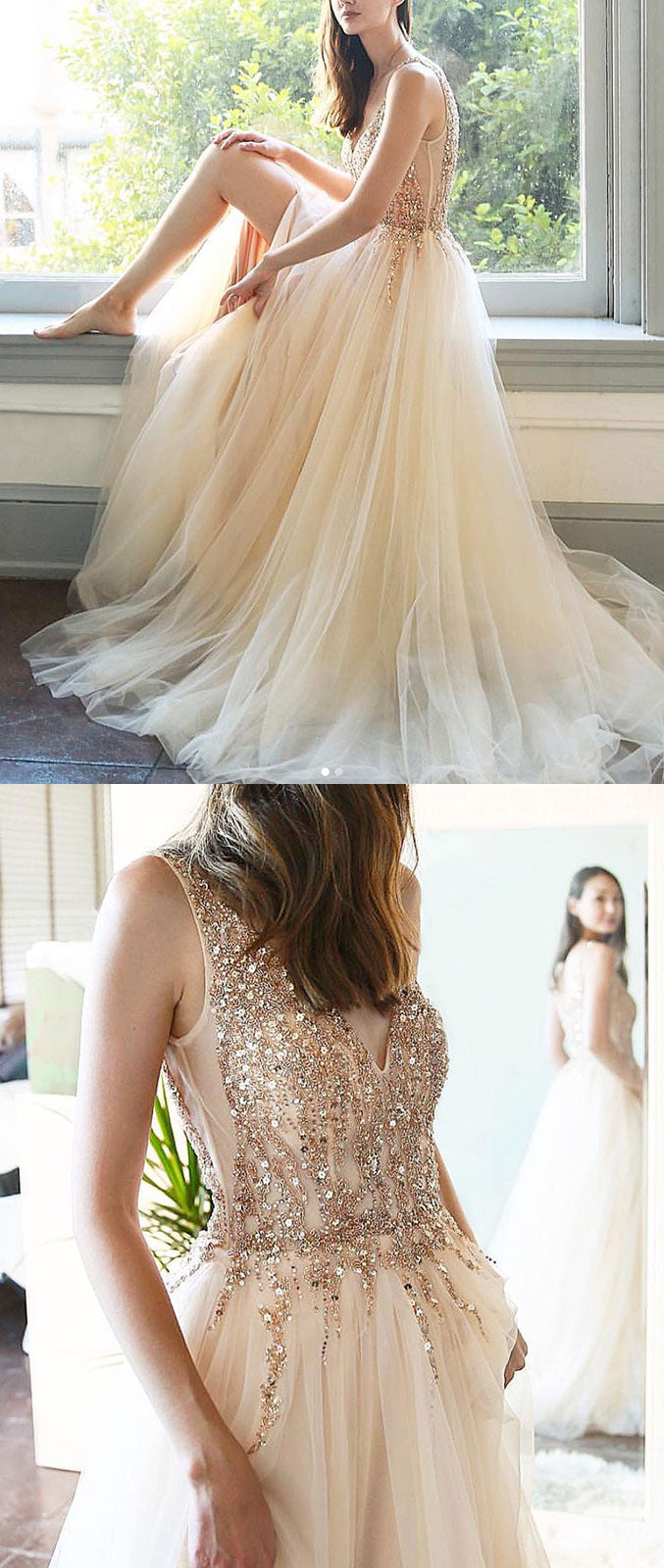 Champagne v neck tulle sequin long prom dress, champagne evening dress - shdress