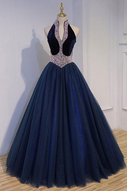 Dark blue tulle beads long prom dress, dark blue evening dress shdress Dark blue tulle beads long prom dress, dark blue evening dress shdress