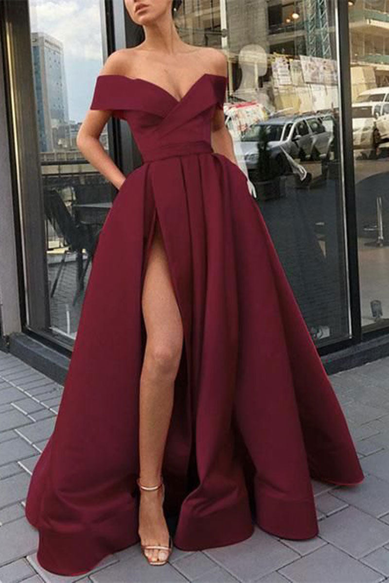 Simple burgundy satin long prom dress burgundy formal dress