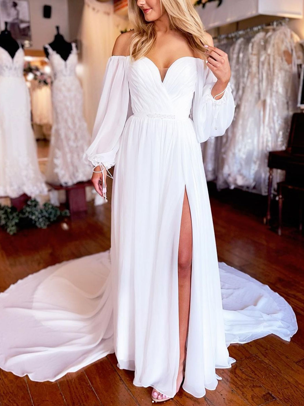 
                  
                    White Aline chiffon long prom dress, white evening dress
                  
                