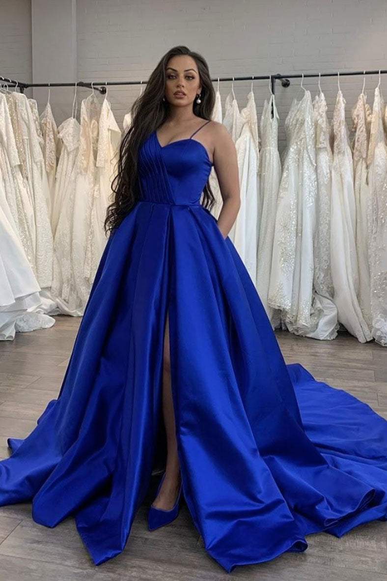Shop simple deep v-neck royal blue satin two piece prom dress from  Hocogirl.com