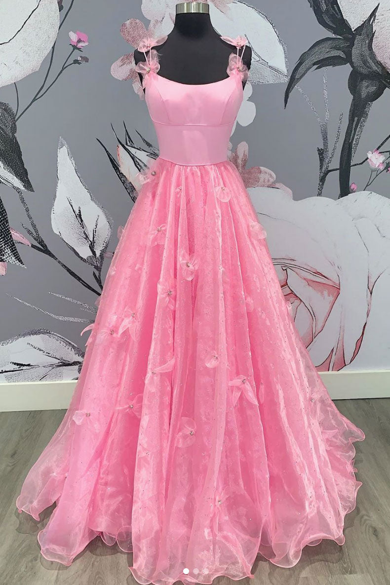 Pink tulle applique long prom dress pink formal dress