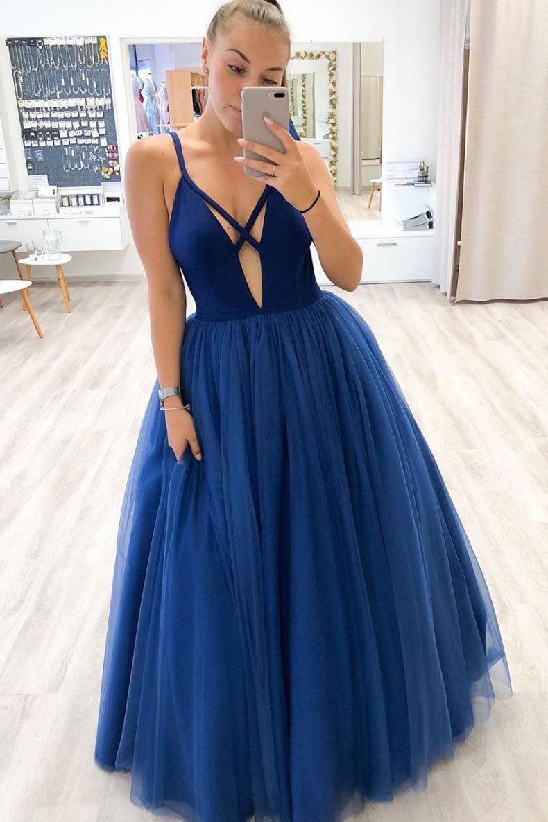 Simple blue tulle long prom dress blue tulle formal dress