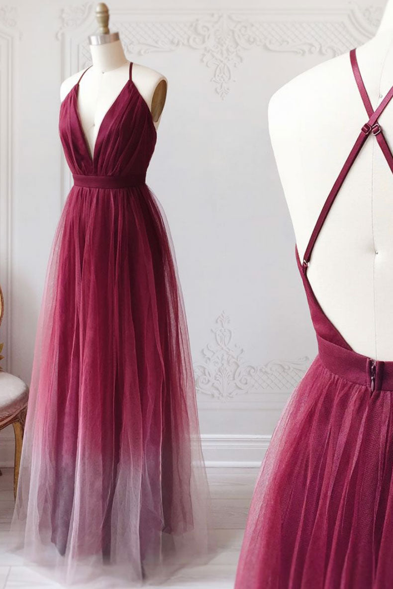 Burgundy v neck tulle long prom dress burgundy tulle long formal dress shdress Burgundy v neck tulle long prom dress burgundy tulle long formal dress shdress