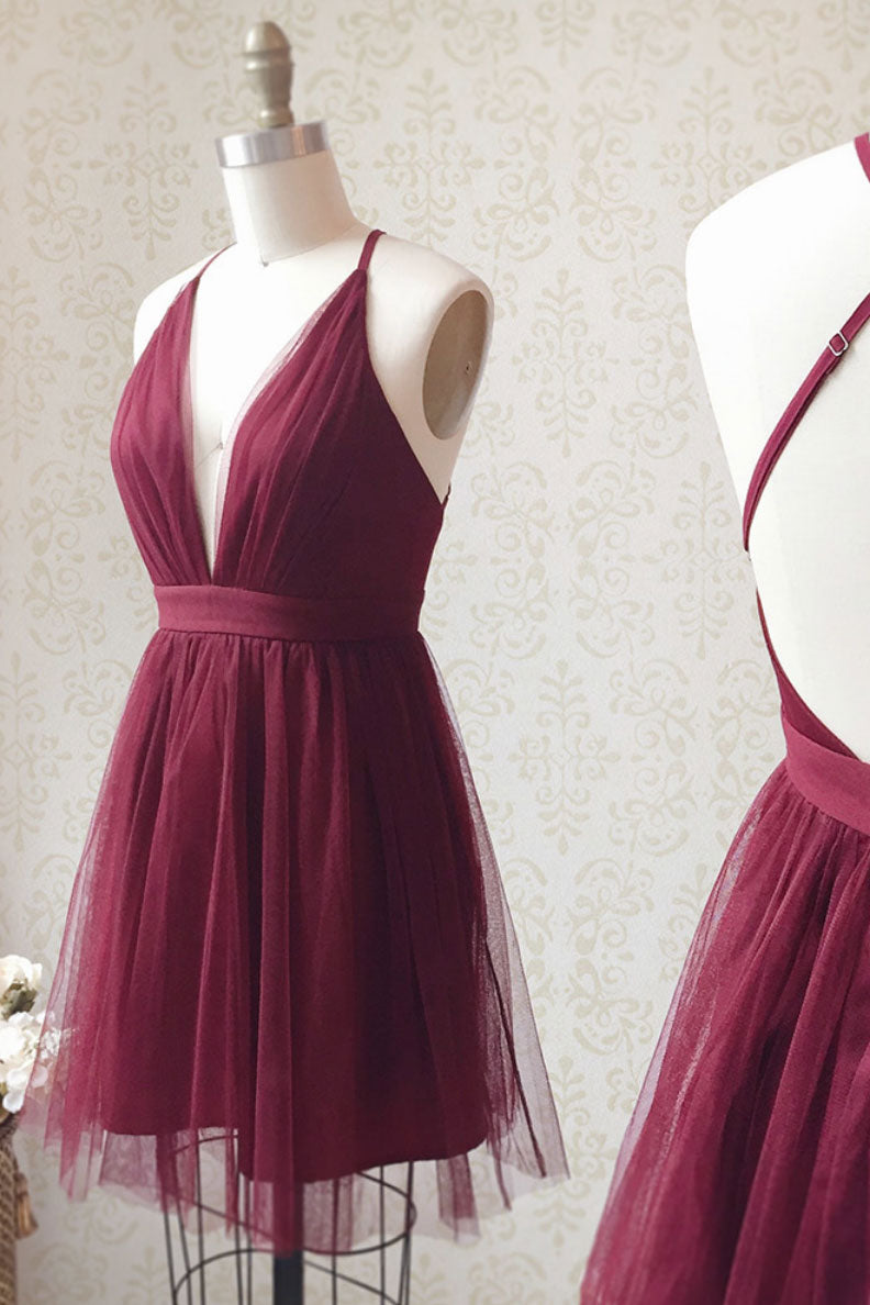 Burgundy v neck tulle short prom dress burgundy homecoming dress shdress Burgundy v neck tulle short prom dress burgundy homecoming dress shdress