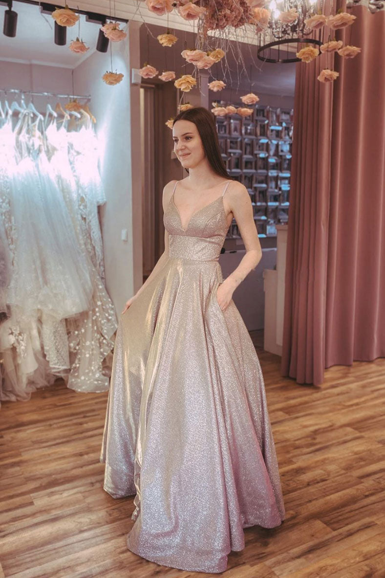 Champagne v neck sequin long prom dress sequin formal dress