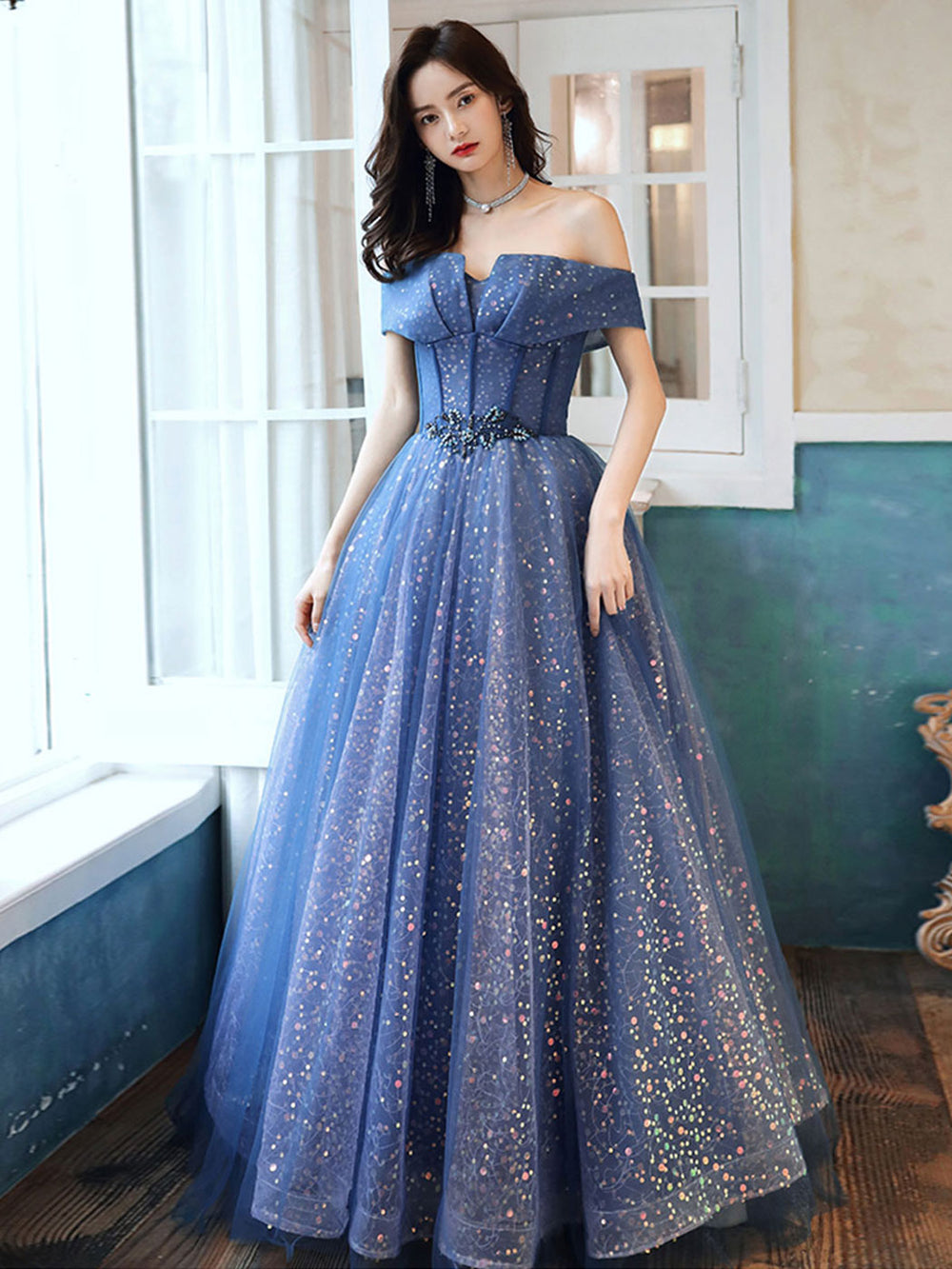 Blue Aline tulle off shoulder long prom dress blue long formal dress shdress Blue Aline tulle off shoulder long prom dress blue long formal dress shdress