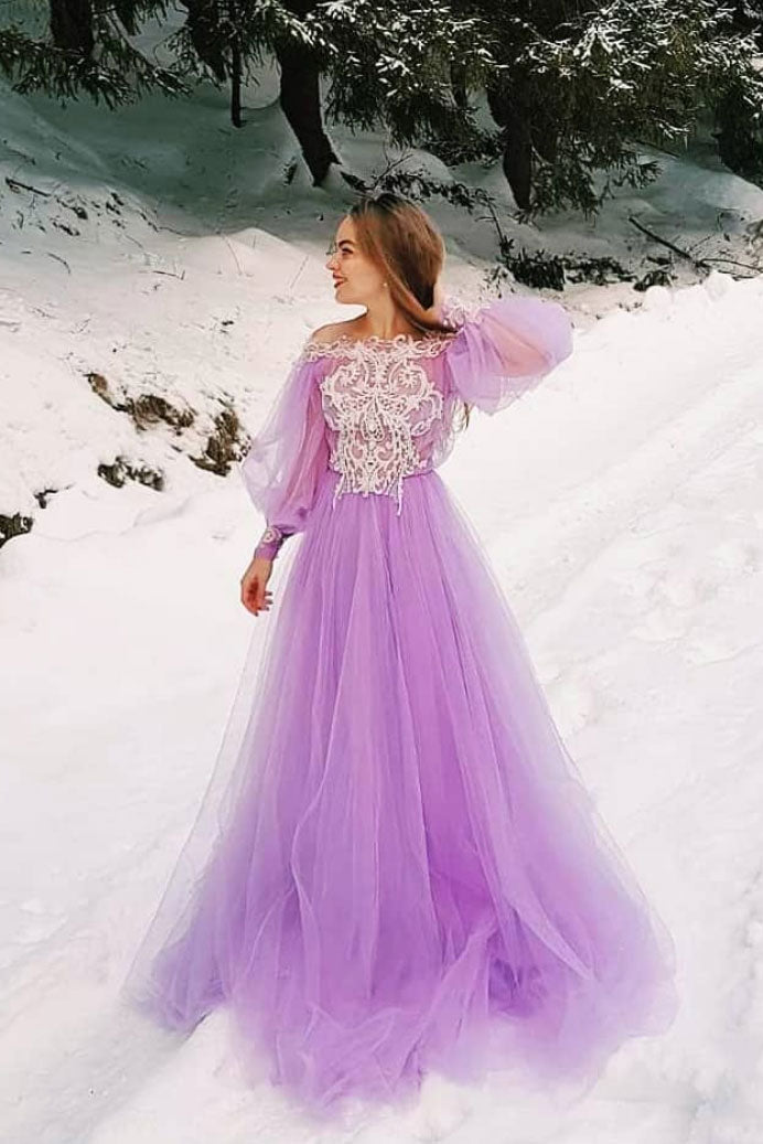 Purple tulle lace long prom dress, purple evening dress