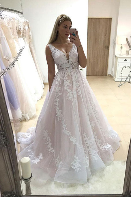 Pink  v neck tulle lace long prom dress, tulle lace evening dress
