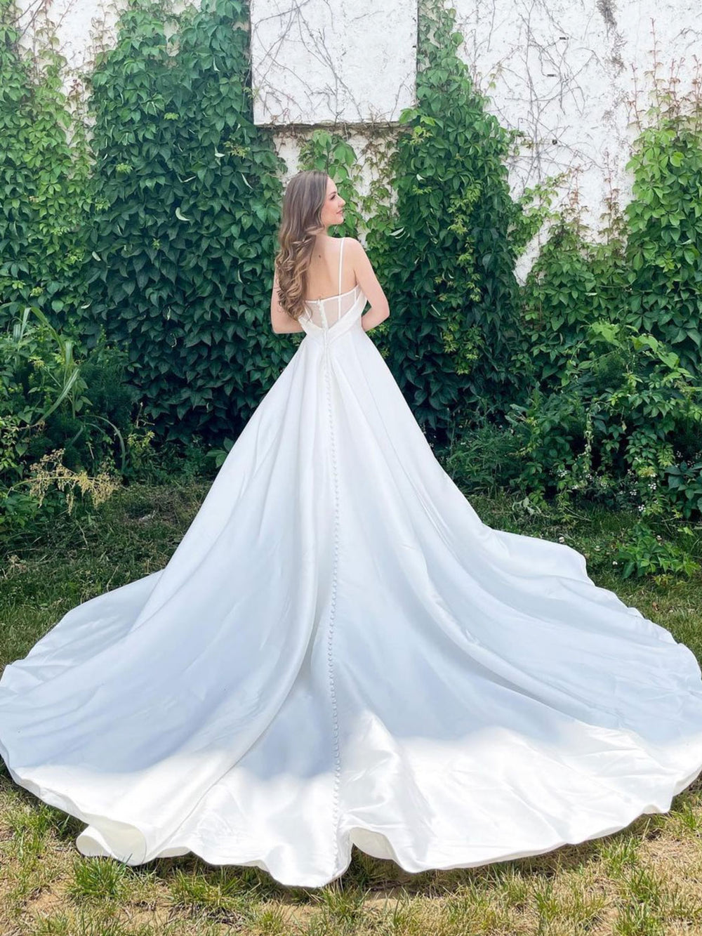 White sweetheart neck satin long prom dress, white evening dress