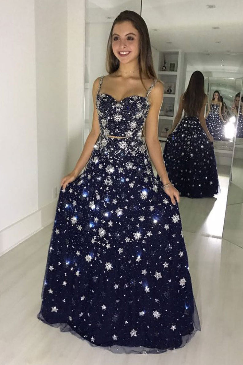 Unique tulle sequin long prom dress, blue tulle evening dress