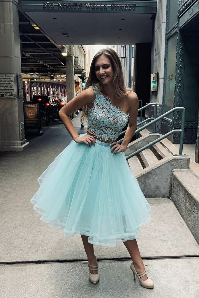 Blue one shoulder tulle lace short prom dress blue lace homecoming dre shdress Blue one shoulder tulle lace short prom dress blue lace homecoming dre shdress