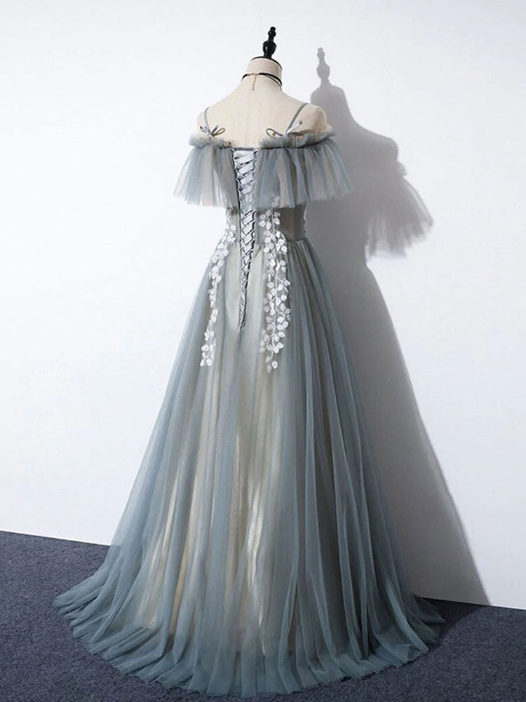 
                  
                    Gray blue tulle lace long prom dress, A line tulle long evening dress
                  
                