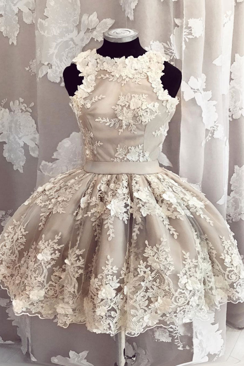 Unique tulle lace applique short prom dress, lace homecoming dress