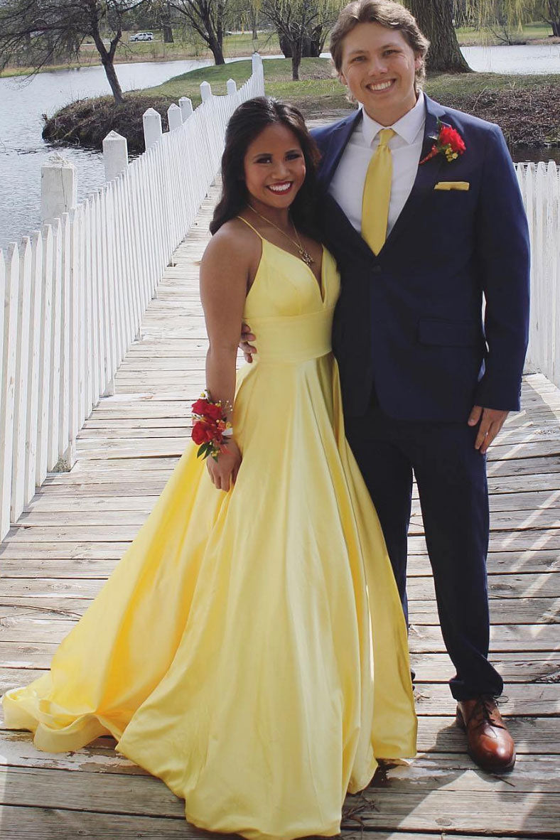 Simple yellow satin long prom dress, yellow evening dress shdress Simple yellow satin long prom dress, yellow evening dress shdress
