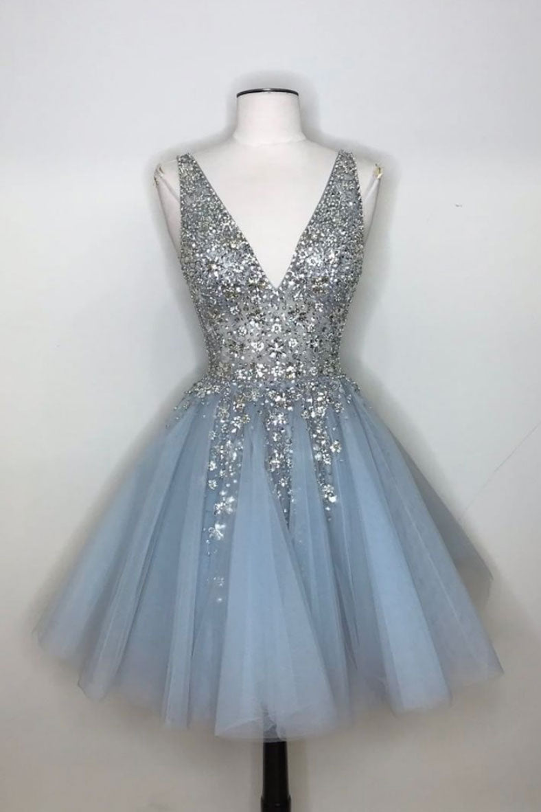 Blue v neck tulle sequin short prom dress, blue homecoming dress shdress Blue v neck tulle sequin short prom dress, blue homecoming dress shdress