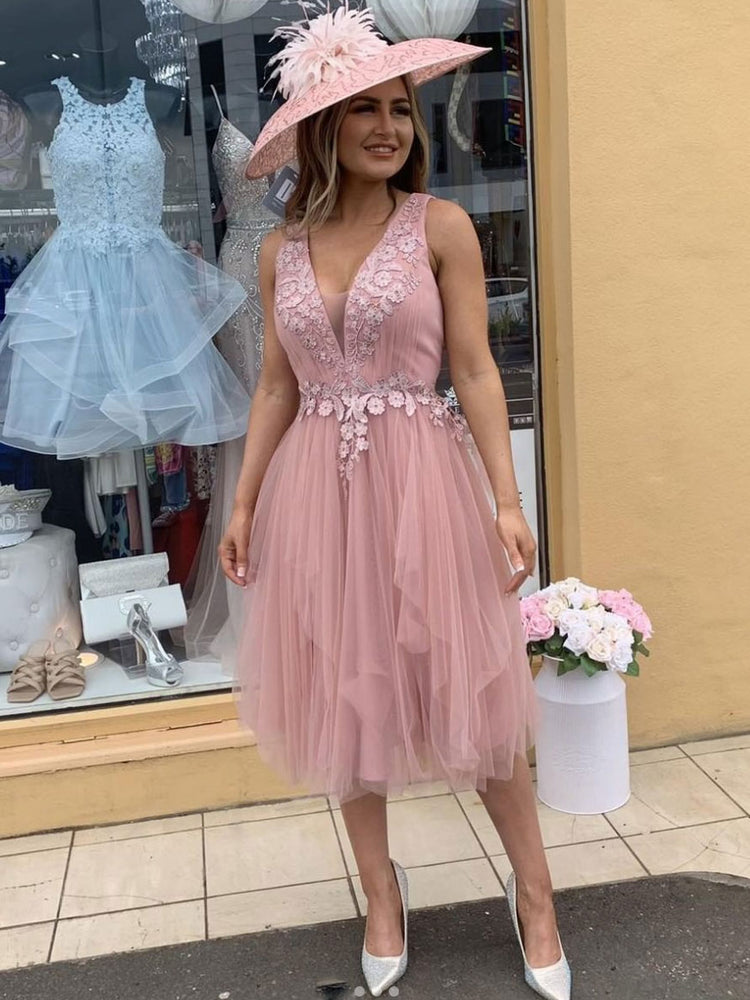 
                  
                    Pink v neck tulle lace short prom dress, pink tulle lace formal dress
                  
                