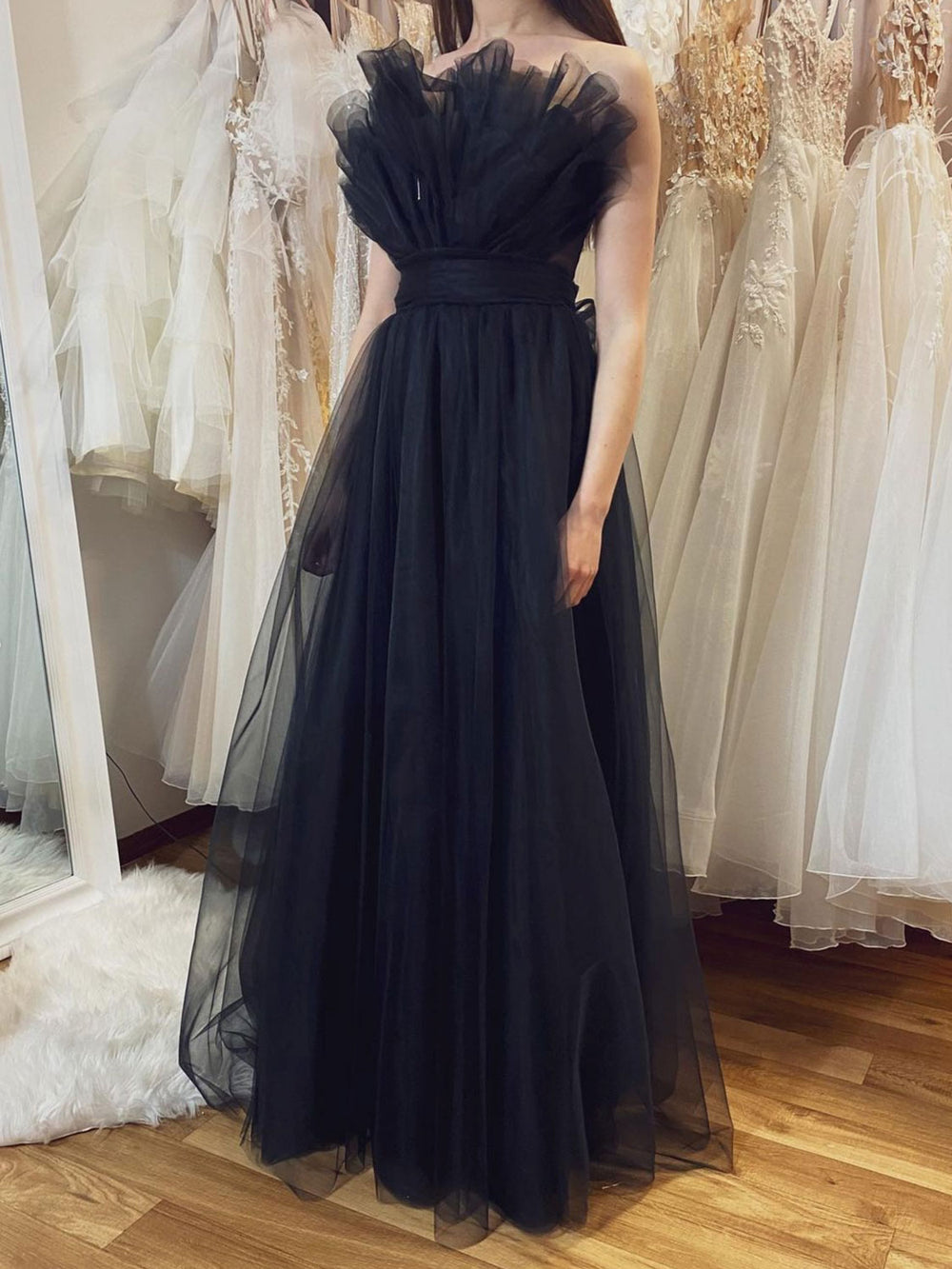 Simple black tulle long prom dress, black tulle formal dress