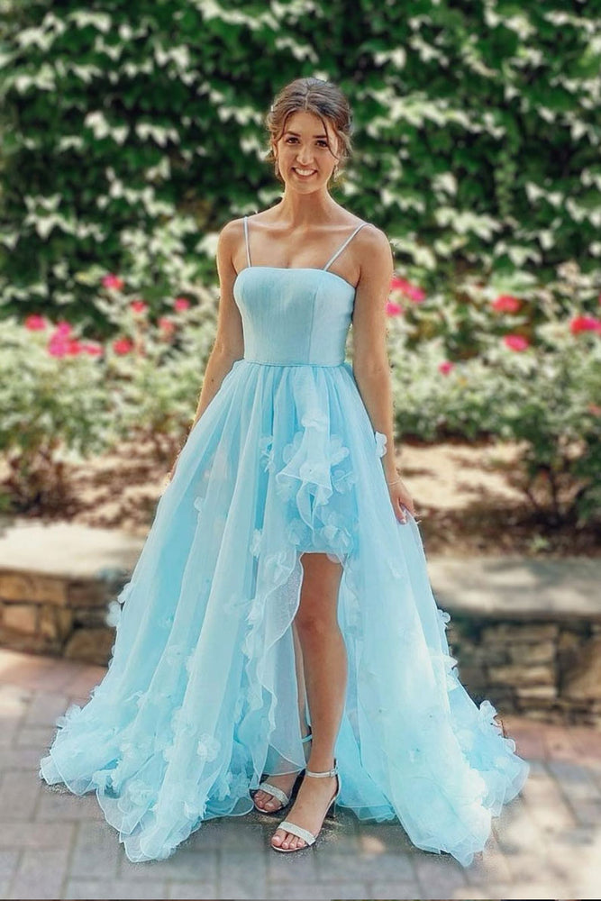 Sky Blue Rustic Thigh Split Beach Wedding Gown with Court Train