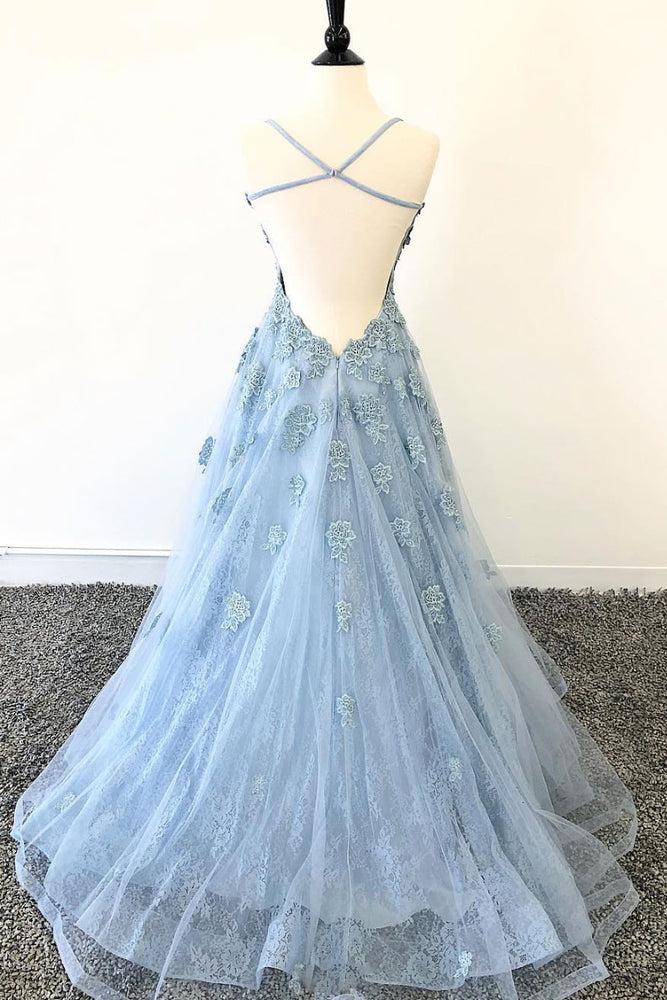 
                  
                    Blue tulle lace long prom dress, blue tulle lace evening dress
                  
                