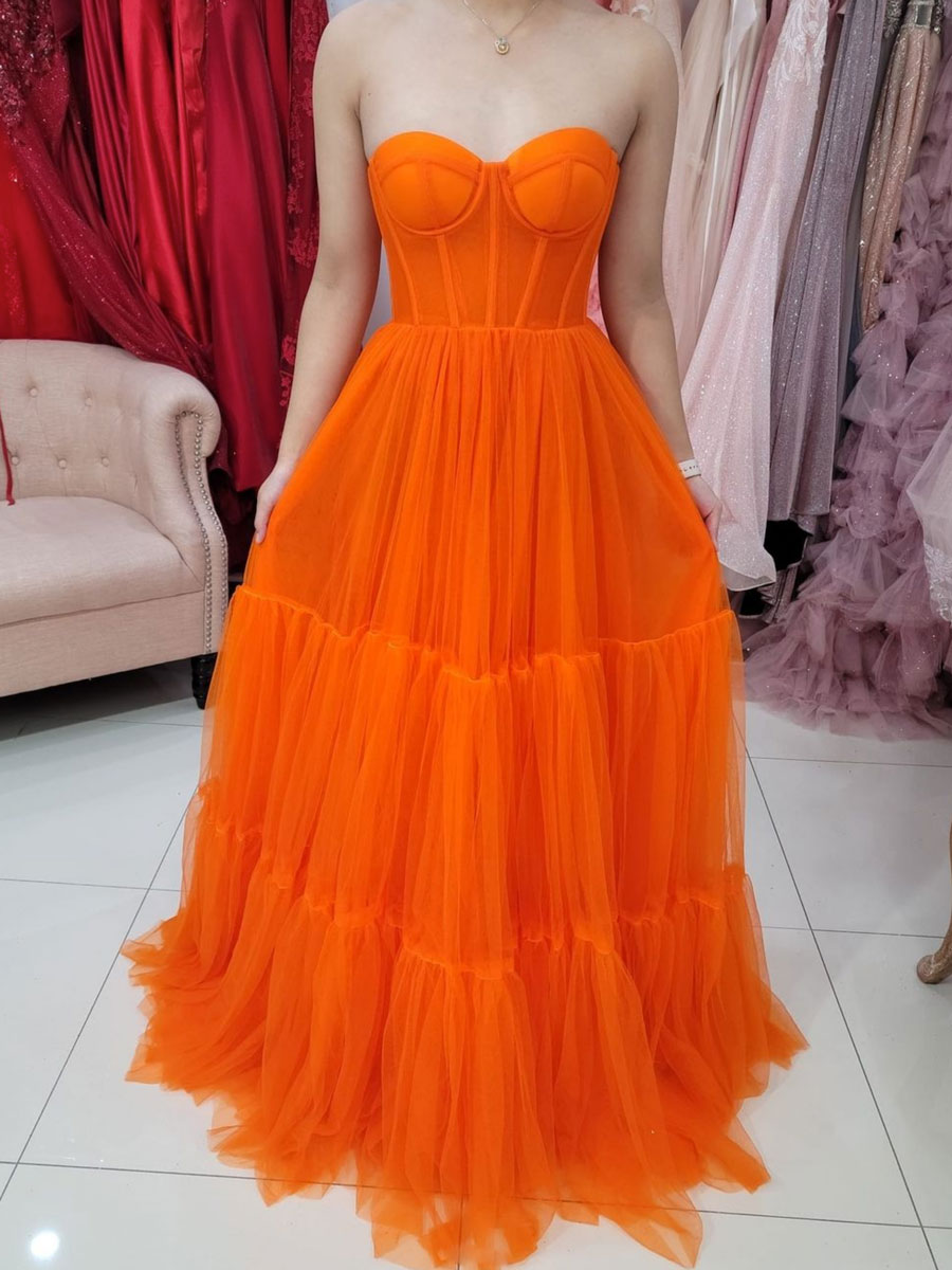 Orange Aline tulle long prom dress, orange tulle evening dress shdress Orange Aline tulle long prom dress, orange tulle evening dress shdress