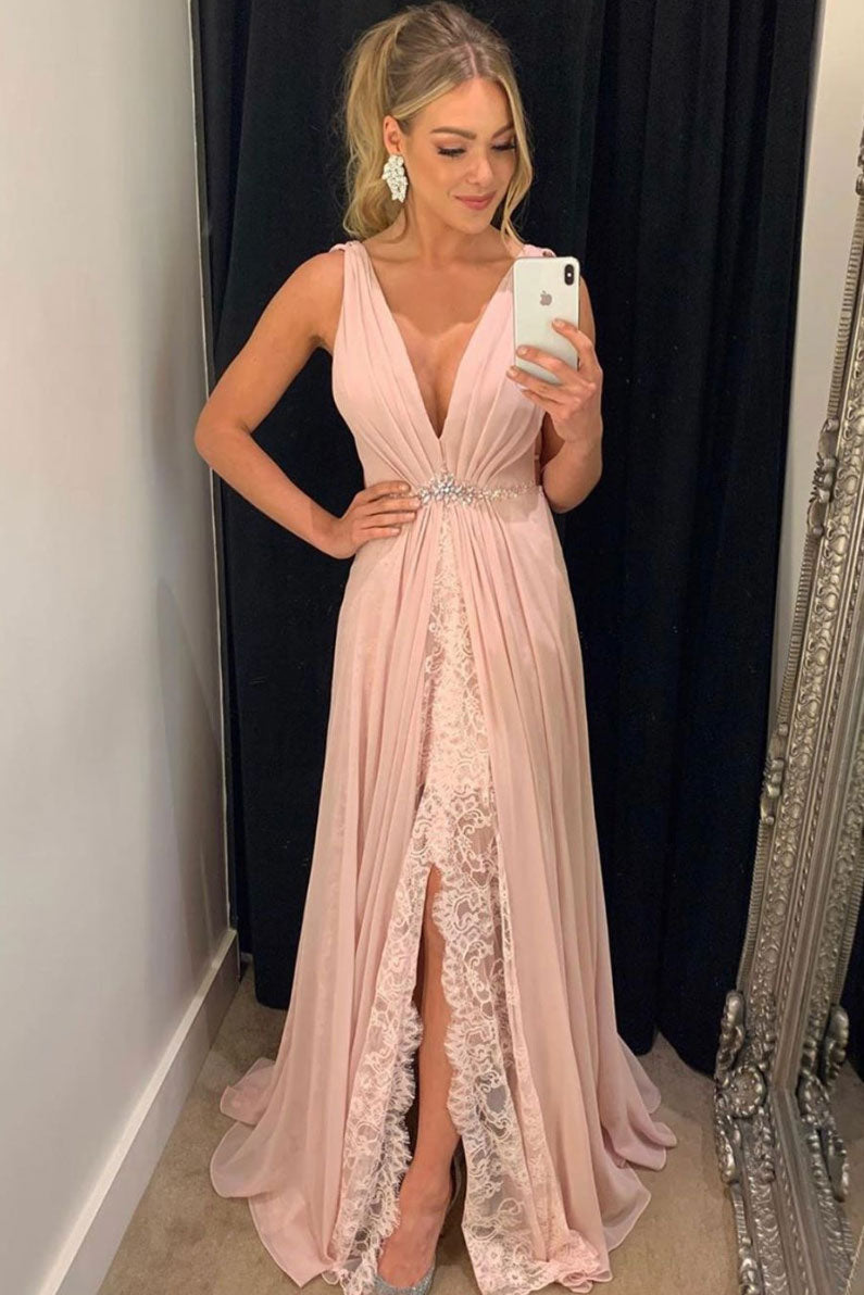 Pink v neck chiffon lace long prom dress, pink evening dress