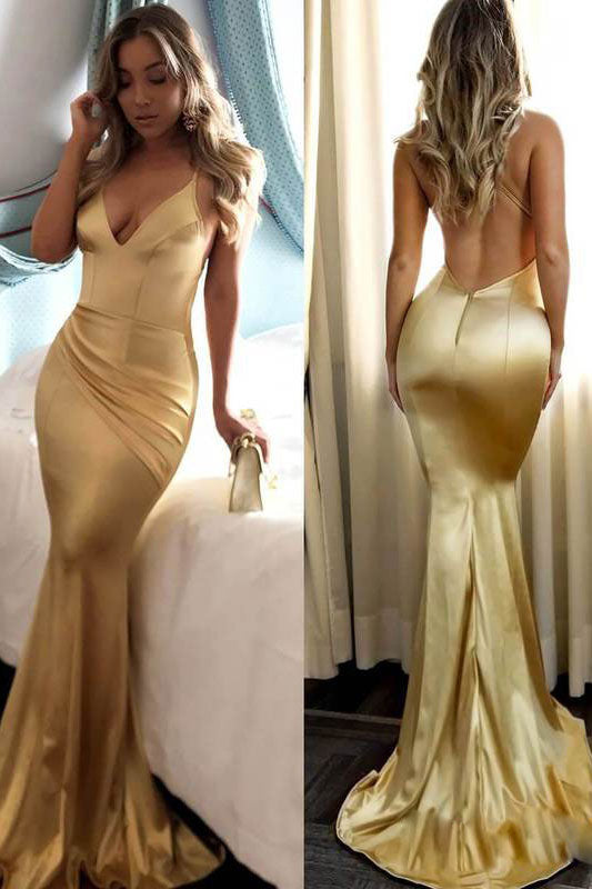 
                  
                    Simple gold satin mermaid long prom dress gold evening dress
                  
                