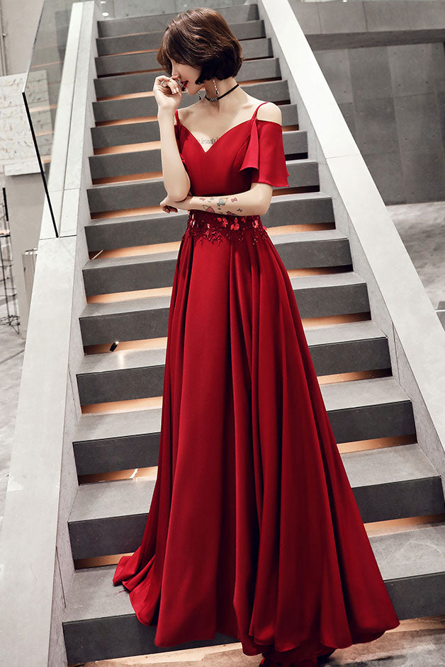 Simple burgundy v neck satin long prom dress, burgundy evening dress shdress Simple burgundy v neck satin long prom dress, burgundy evening dress shdress