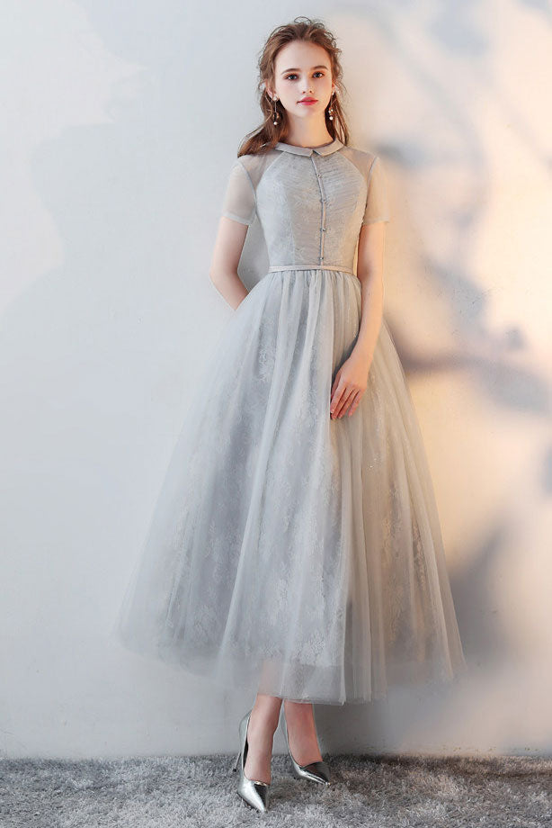 
                  
                    Gray tulle lace tea length prom dress gray tulle formal dress
                  
                