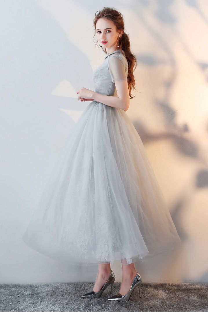 Gray tulle lace tea length prom dress gray tulle formal dress shdress Gray tulle lace tea length prom dress gray tulle formal dress shdress