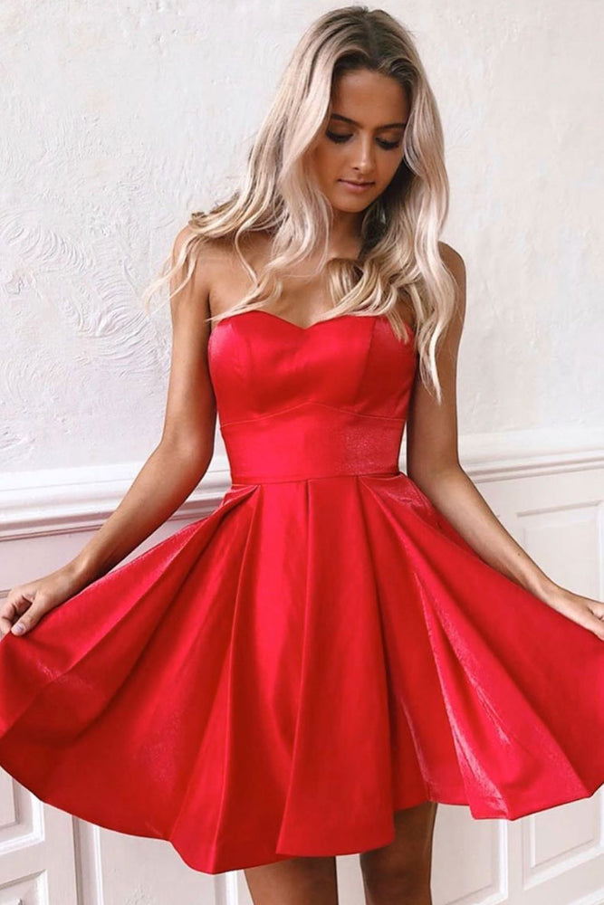 
                  
                    Simple sweetheart red satin short prom dress red homecoming dress
                  
                