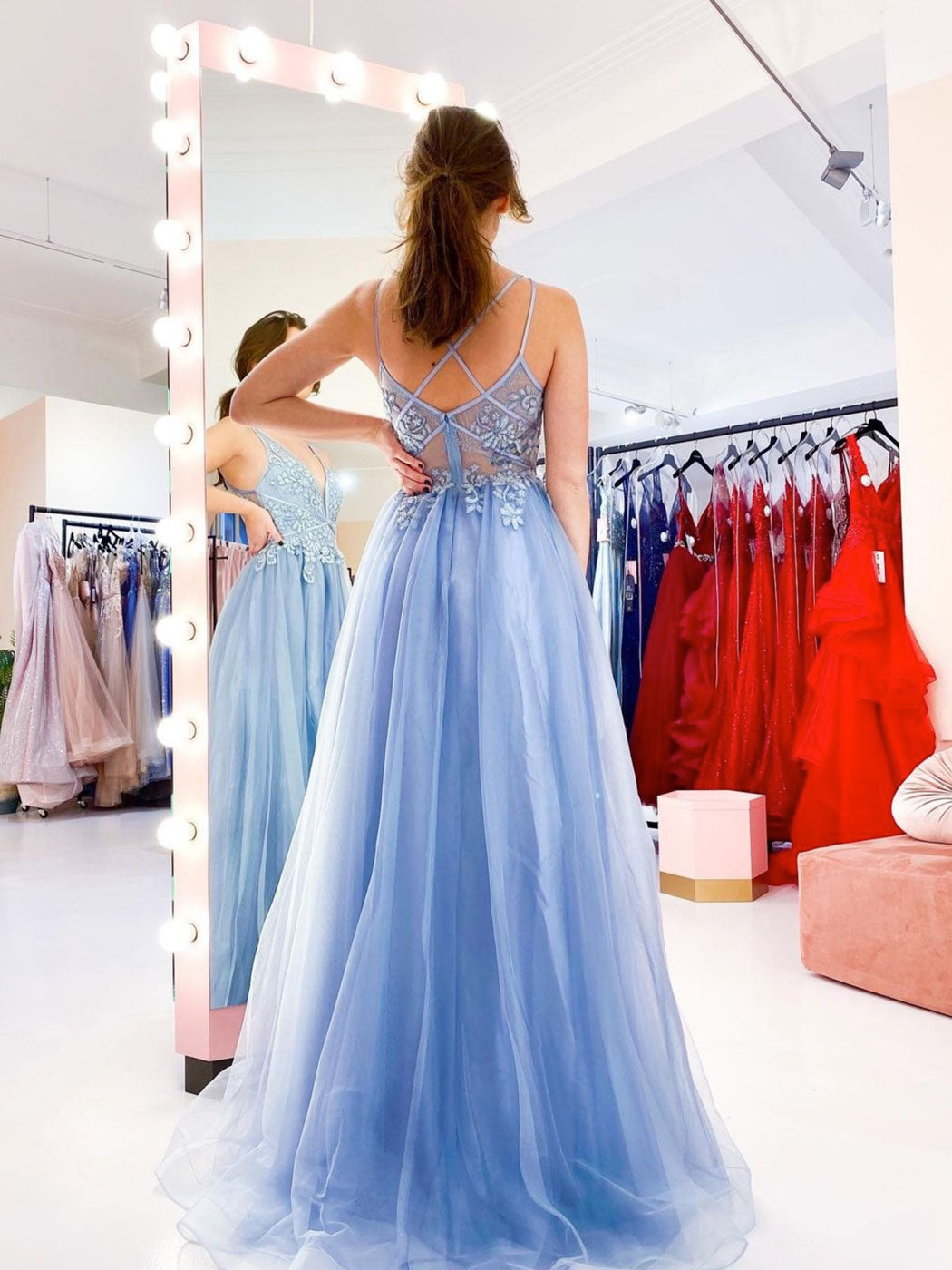 
                  
                    Blue v neck tulle lace long prom dress, blue tulle evening dress
                  
                
