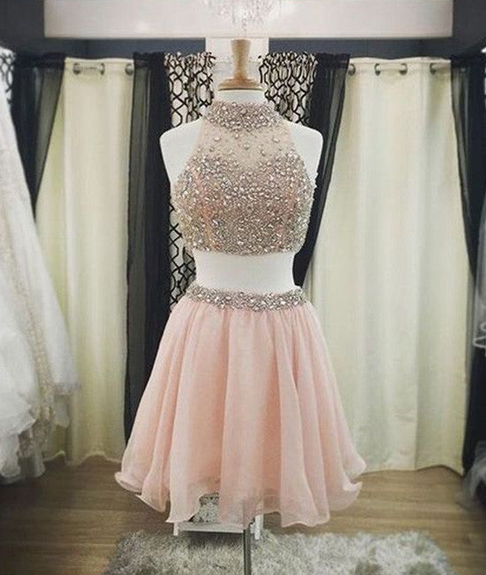 Cute two pieces sequin short prom dress, cute pink homecoming dress - shdress
