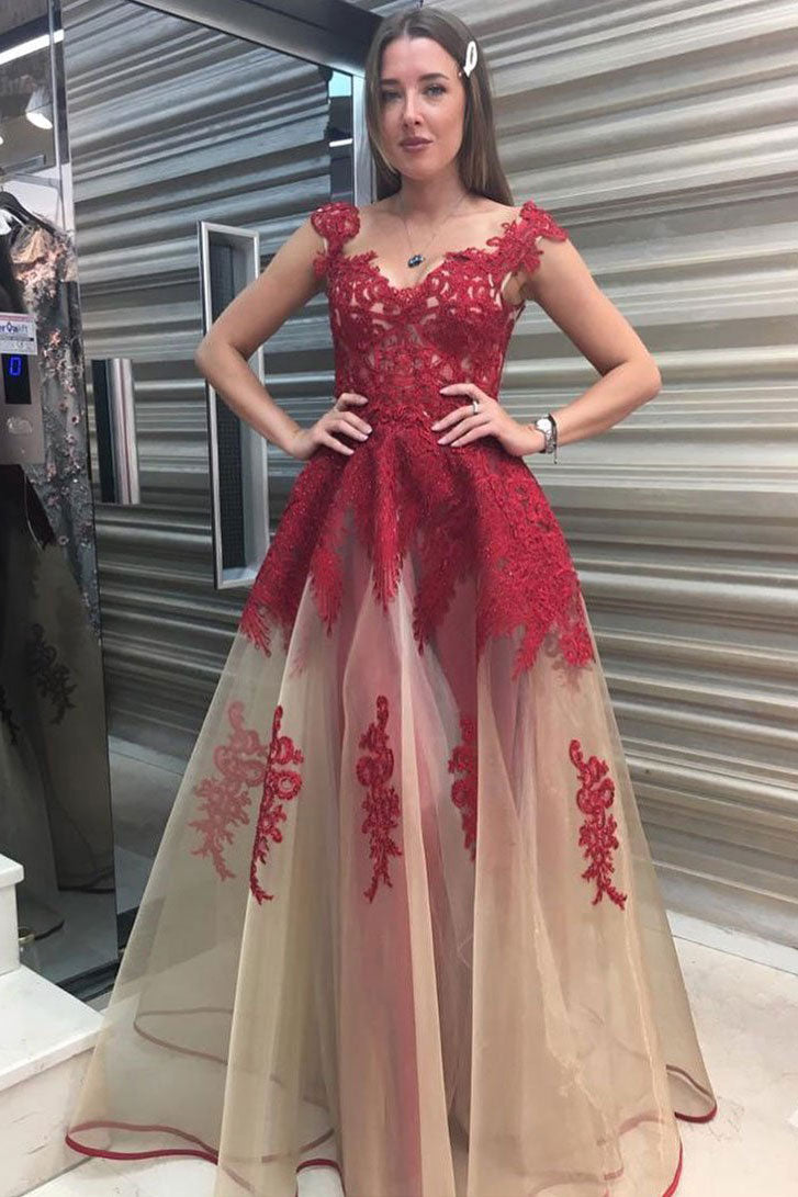 Unique A-line tulle lace long prom dress red lace formal dress