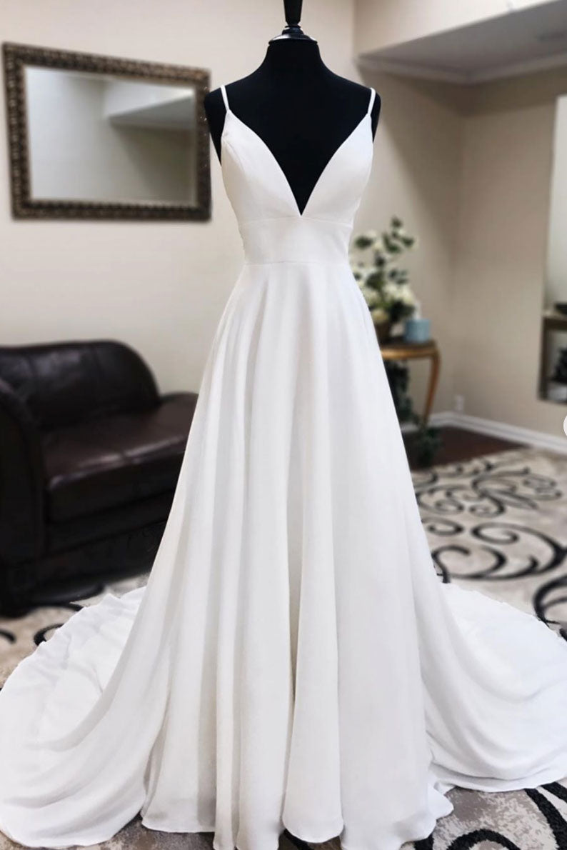 White v neck chiffon long prom dress, white lace evening dress