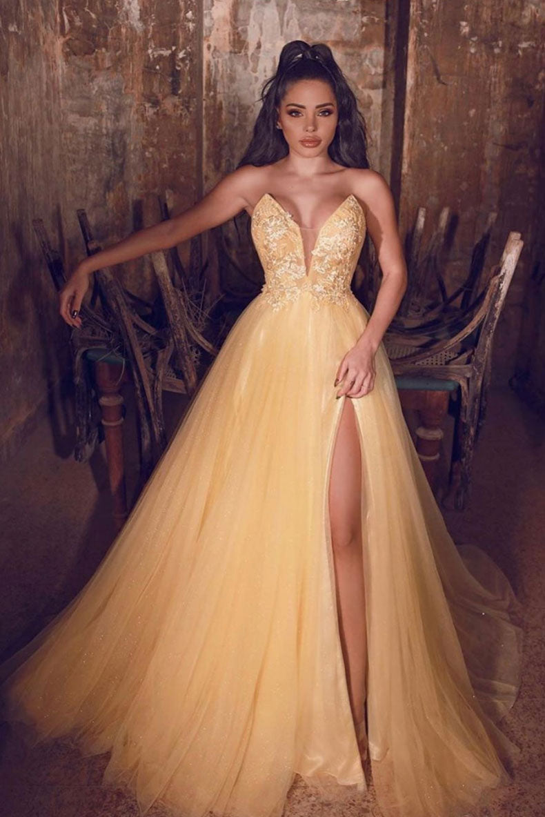 Yellow sweetheart tulle lace long prom dress, lace formal dress