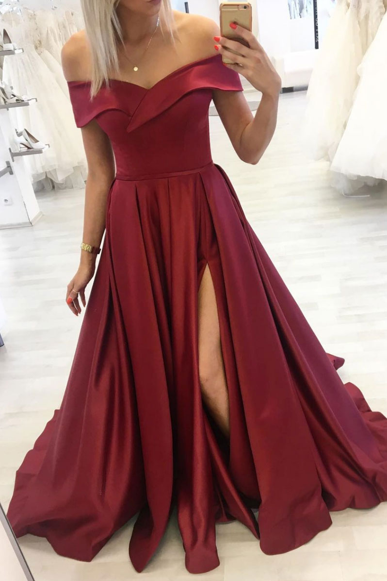 Simple burgundy off shoulder long prom dress burgundy evening dress